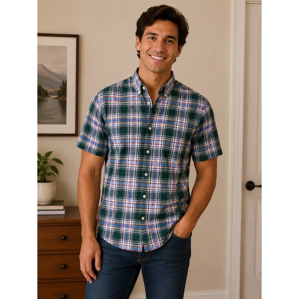 Izod‎ Mens XL Short Sleeve Button Down Shirt Green Blue White Plaid Cotton Blend
